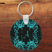 Monogram Aqua Blue Damask Sleutelhanger (Voorkant)