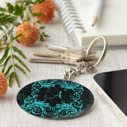 Monogram Aqua Blue Damask Sleutelhanger (Zijkant)