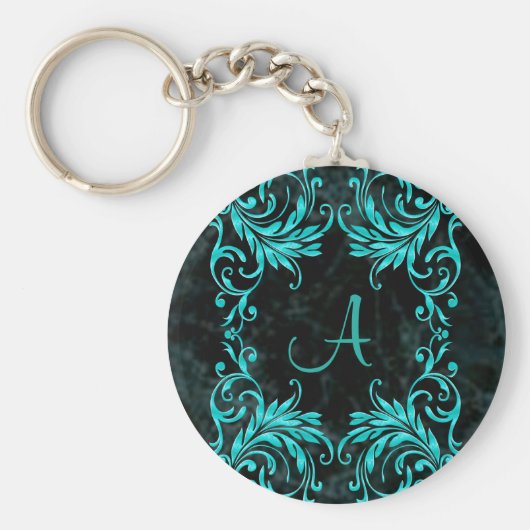 Monogram Aqua Blue Damask Sleutelhanger (Voorkant)