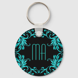 Monogram Aqua Blue Damask Sleutelhanger