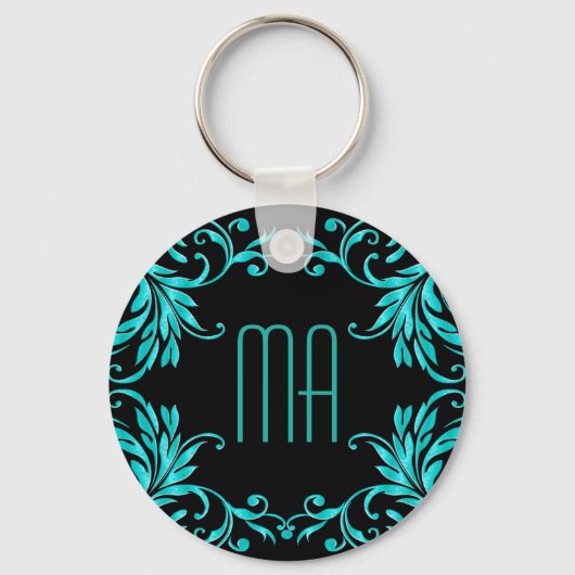 Monogram Aqua Blue Damask Sleutelhanger (Voorkant)