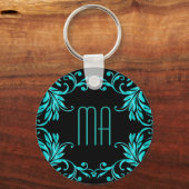 Monogram Aqua Blue Damask Sleutelhanger (Voorkant)