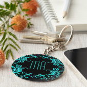 Monogram Aqua Blue Damask Sleutelhanger (Zijkant)