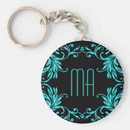 Monogram Aqua Blue Damask Sleutelhanger