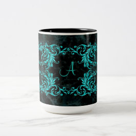 Monogram Aqua Blue Damask Tweekleurige Koffiemok