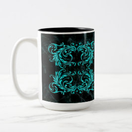 Monogram Aqua Blue Damask Tweekleurige Koffiemok