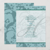 Monogram Aqua Blue Damask Wedding Invitation Kaart (Voorkant / Achterkant)
