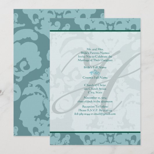 Monogram Aqua Blue Damask Wedding Invitation Kaart (Voorkant / Achterkant)