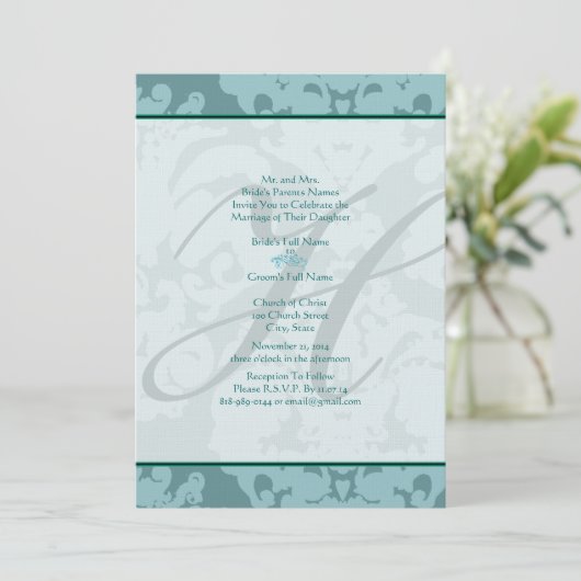 Monogram Aqua Blue Damask Wedding Invitation Kaart (Staand voorkant)