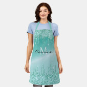 Monogram Aqua Blue Dripping Blauwgroen Glitter Met Schort (Gedragen)