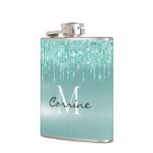 Monogram Aqua Blue Dripping Glitter Custom Flask Heupfles (Links)