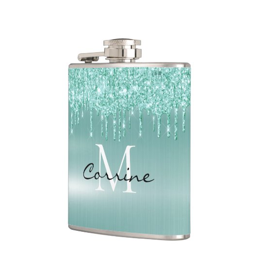 Monogram Aqua Blue Dripping Glitter Custom Flask Heupfles (Links)