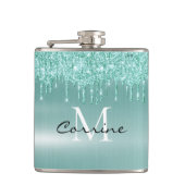 Monogram Aqua Blue Dripping Glitter Custom Flask Heupfles (Voorkant)