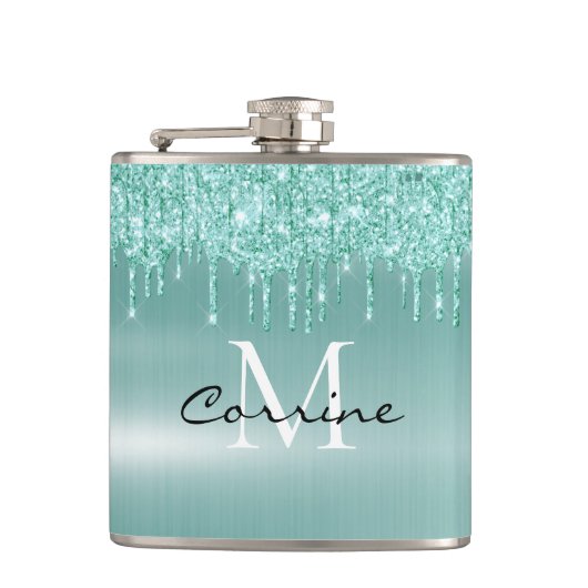 Monogram Aqua Blue Dripping Glitter Custom Flask Heupfles (Voorkant)