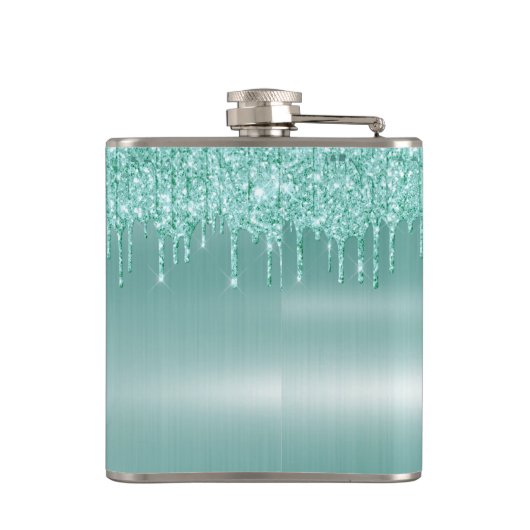 Monogram Aqua Blue Dripping Glitter Custom Flask Heupfles (Achterkant)