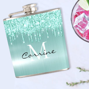 Monogram Aqua Blue Dripping Glitter Custom Flask Heupfles