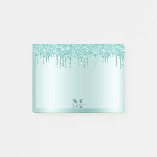 Monogram Aqua Blue Dripping Glitter Metallic Post-it® Notes (Voorkant)