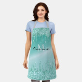 Monogram Aqua Blue Driving Blauwgroen Glitter Meta Schort (Gedragen)