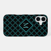 Monogram Aqua Blue en Black Diamond Pattern iPhone 16 Hoesje (Achterkant horizontaal)