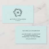 Monogram Aqua Blue en Black Floral Wreath Visitekaartje (Voorkant / Achterkant)