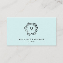 Monogram Aqua Blue en Black Floral Wreath Visitekaartje