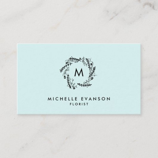 Monogram Aqua Blue en Black Floral Wreath Visitekaartje (Voorkant)