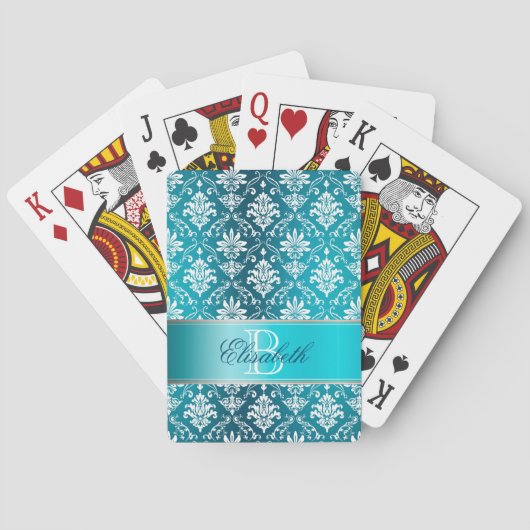 Monogram Aqua Blue en White Damask Pokerkaarten (Achterkant)