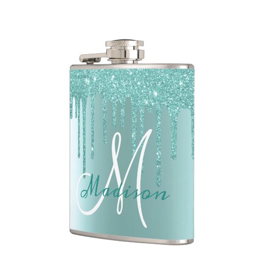 Monogram Aqua Blue Glitter Drips Girly Heupfles (Links)