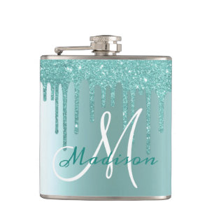 Monogram Aqua Blue Glitter Drips Girly Heupfles