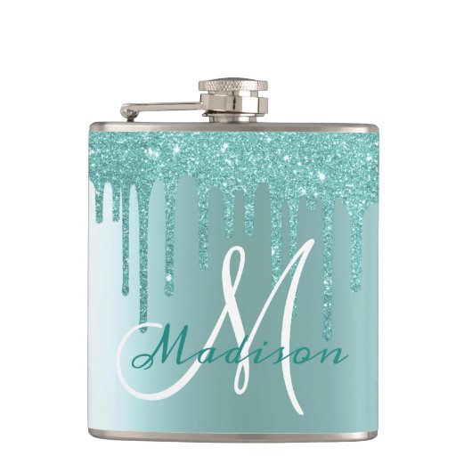 Monogram Aqua Blue Glitter Drips Girly Heupfles (Voorkant)