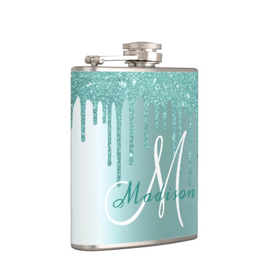 Monogram Aqua Blue Glitter Drips Girly Heupfles (Rechts)