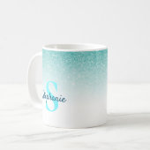 Monogram Aqua Blue Glitter Ombre Glam Koffiemok (Voorkant links)