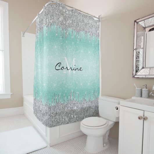 Monogram Aqua Blue Ombre Glitter Zilveren ijsdrupp Douchegordijn (In situ)