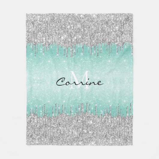 Monogram Aqua Blue Ombre Glitter Zilveren ijsdrupp Fleece Deken (Voorkant)