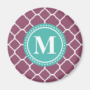 Monogram Aqua Blue Paars Quatrefoil Patroon Magneet
