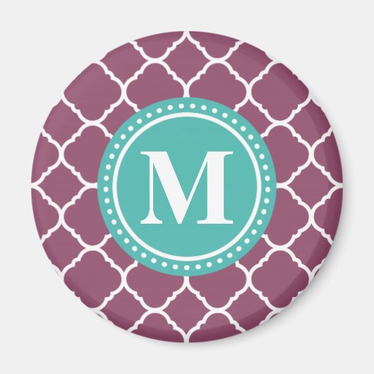 Monogram Aqua Blue Paars Quatrefoil Patroon Magneet (Voorkant)