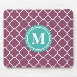 Monogram Aqua Blue Paars Quatrefoil Patroon Muismat