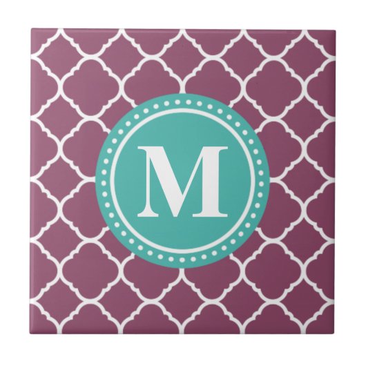 Monogram Aqua Blue Paars Quatrefoil Patroon Tegeltje (Voorkant)