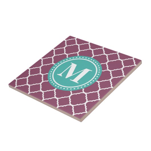 Monogram Aqua Blue Paars Quatrefoil Patroon Tegeltje (Zijkant)