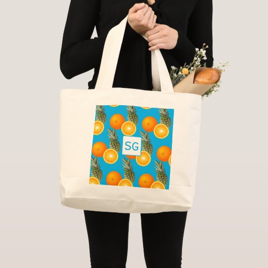 Monogram Aqua Blue Pineapple Oranje Fruitpatroon Grote Tote Bag (Voorkant (product))