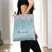 Monogram Aqua Blue + Silver Dripping Glitter Naam Tote Bag