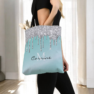 Monogram Aqua Blue + Silver Dripping Glitter Naam Tote Bag