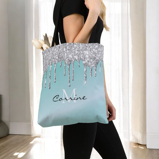 Monogram Aqua Blue + Silver Dripping Glitter Naam Tote Bag