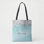 Monogram Aqua Blue + Silver Dripping Glitter Naam Tote Bag (Voorkant)