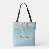 Monogram Aqua Blue + Silver Dripping Glitter Naam Tote Bag (Achterkant)