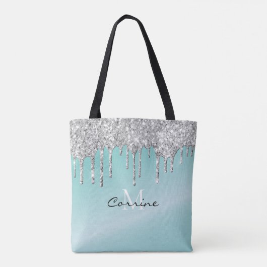 Monogram Aqua Blue + Silver Dripping Glitter Naam Tote Bag (Achterkant)