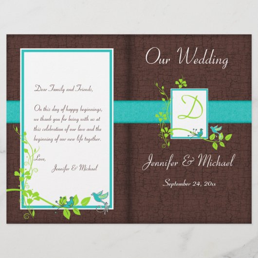 Monogram Aqua Brown Green Floral Wedding Programme (Voorkant)