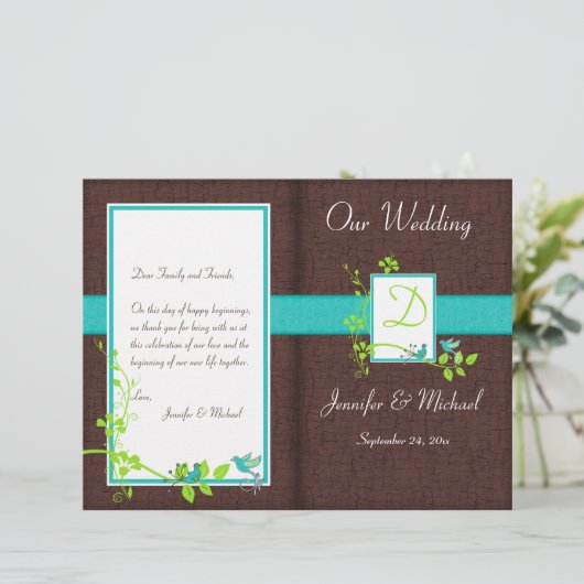 Monogram Aqua Brown Green Floral Wedding Programme (Staand voorkant)
