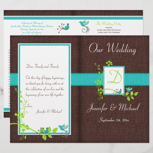Monogram Aqua Brown Green Floral Wedding Programme (Voorkant / Achterkant)