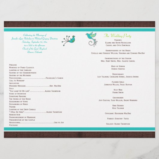 Monogram Aqua Brown Green Floral Wedding Programme (Achterkant)